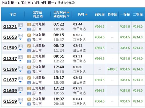 High Speed Trains Timetable - Shanghai to Yushan
