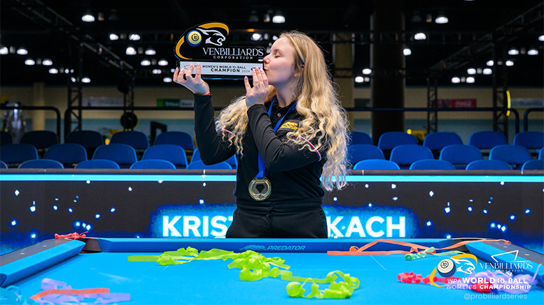 2024 World Womens 10 Ball - Kristina Tkach kisses the trophy_777x437