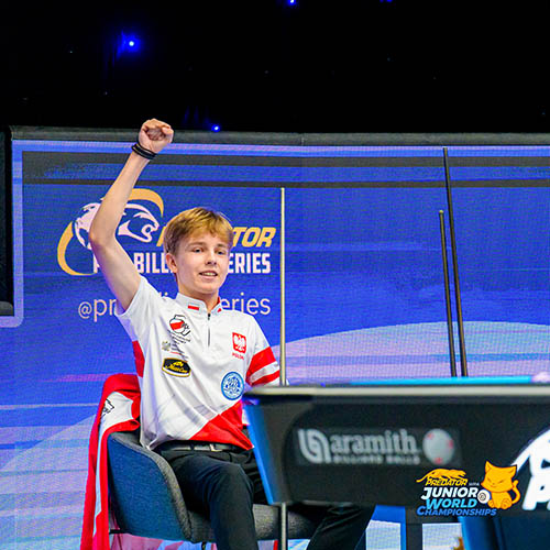 Three Junior World Champs Crowned In Spain|西班牙青少年世錦賽落幕 台灣小將王姳苓加冕冠軍 - 第5張圖 2025 Predator Junior 10-Ball WC - U17_Jakub Chrobot celebrations